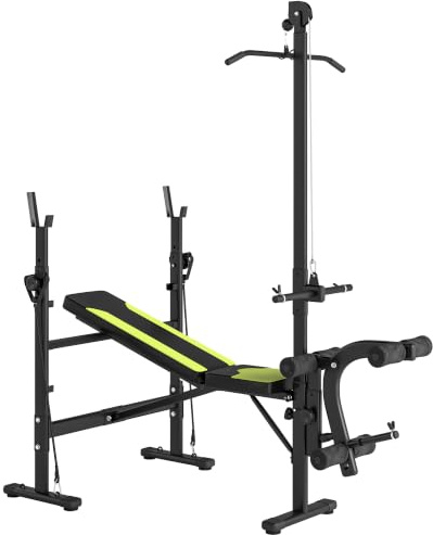 HOMCOM Banc de Musculation Traction Dossier Réglable Curler Noir Jaune | Entrainement Complet, Cordes, Supports Barre et Haltères