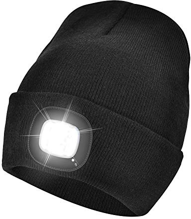 Unisex LED Lighted Beanie, USB Rechargeable Headlamp Hat, Cap with Light Hands Free Head Torch, Winter Warm Gifts for Men and Women Black