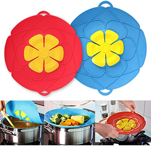 Spill Proof Lid, Spill Proof Cap, Silicone Cap for Pans and Pots, Spill Protection, 10 11.5 Kitchen Tool Multi Function (Blue and Red)