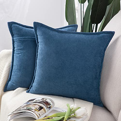 Madizz 2er Set kurzen Chenille Zierkissenbezüge weicher dekorativer Kissenbezug für Sofa, Schlafzimmer Kissenhülle Denim Blau 40x40 cm Quadrat