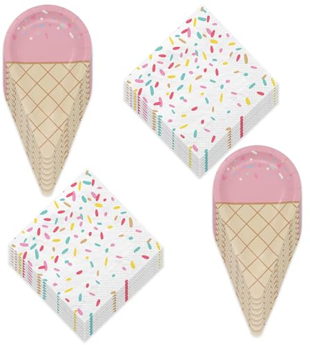 HOME & HOOPLA 32 pc Ice Cream Party Supplies - Ice Cream Cone Shaped Paper Dessert Plates & Shaped Candy Sprinkle Lunch Napkins (Serves 16)