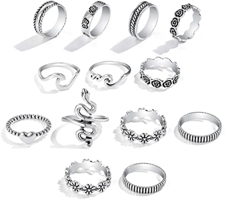 LEEQBCR 13 Stück Vintage Knuckle Ring Sets Silber Schlange Stapelbare Fingerringe Blume Midi Größe Joint Knuckle Ring-Sets für Frauen und Mädchen