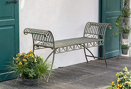 Dekoleidenschaft Gartenbank Pfauenauge aus Metall, grün patiniert im Antik Design & Rost Optik, Outdoor 2-Sitzer Sitzbank wetterfest, Metallbank für Balkon, Garten & Terrasse