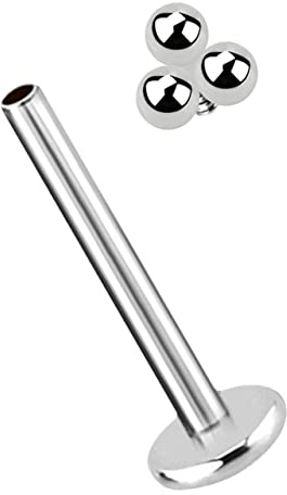 Ohr Piercing Stecker, Labret Stud in 1,2 mm mit Innengewinde und drei Kugeln