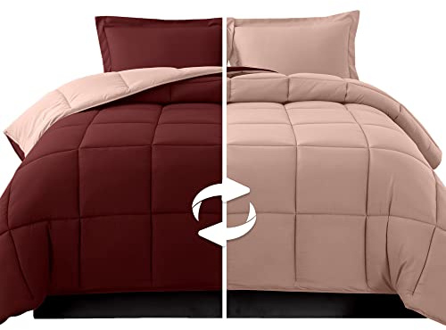 Elegant Comfort 3-Piece Reversible Comforter Set, All Season Cozy, Soft Down Alternative, Quilted - Box Stitched - Duvet Insert with 4 Corner Tabs, Comforter with Shams, Twin XL, Burgundy/Dusty Rose