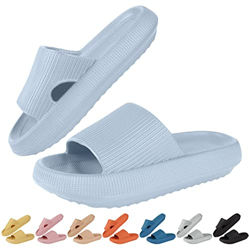 HEPODA Badtofflor för män och kvinnor, tofflor, Cozislides, Cozy Slides, mysiga hemmatofflor för sommaren, badskor, halkfria, som på moln, slip-in, skor, ljusblå, 40/41 EU