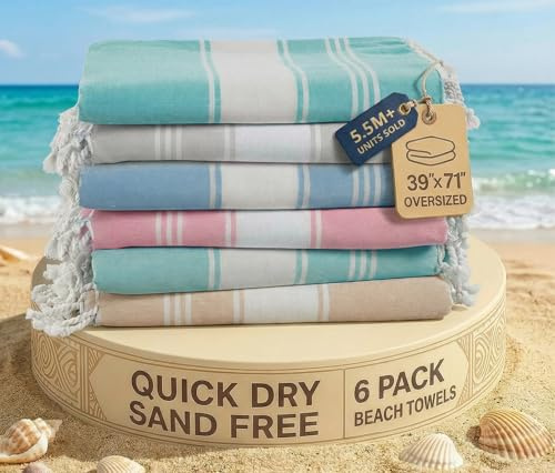 LANE LINEN Turkish Beach Towels for Women, Set of 6 - Large 39x71, Pre-Washed, No-Shrink, Sand-Free, Quick Dry, Lightweight, Soft Beach Bath Towels - Vintage Beach