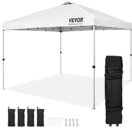 VEVOR Tonnelle Pop-up 304,8x304,8 cm Tonnelle Auvent Jardin Bâche Enduit Argenté PU 250D Sac à roulettes Portable 4 Sacs de Sable Abri Solaire Imperméable pour Plein Air, Plage, Fête, Camping, Blanc