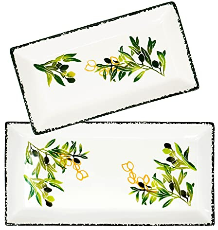 Lashuma 2 Stück Servierplatten Keramik länglich, bemalte Oliven Partyplatten