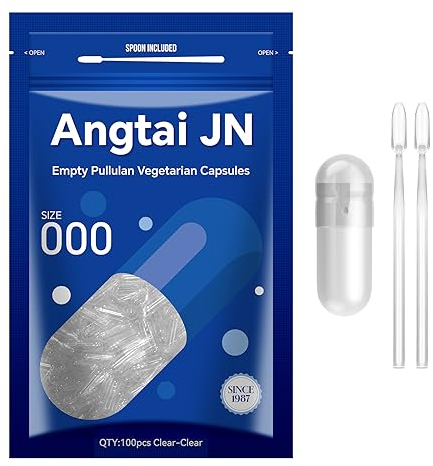 Angtai JN Pullulan Capsule Vegetali Vuote Taglia 000-Chiavi Capsule Vuote per Riempimento con 2 Micro Cucchiai,Capsule Vuote Fai-Da-Te Compatibili con Dimensioni di Riempimento Capsule 000,100 unità