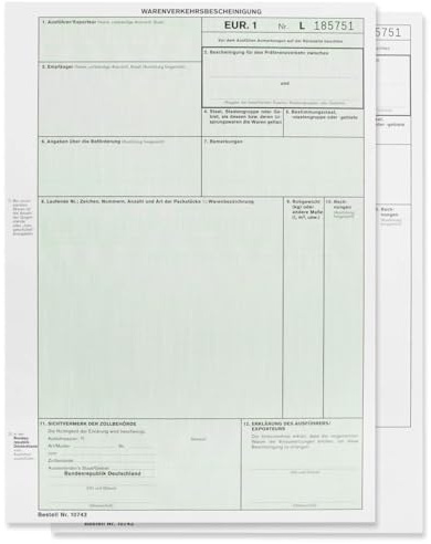 EUR1 EUR.1 Warenverkehrsbescheinigung Formular für Laserdrucker (50 Stück)