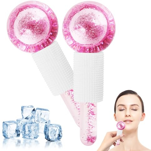 GeeRic Lot de 2 Globes de Glace pour Soins du Visage, rouleau de Glace Rafraîchissant pour le Visage, Les Yeux, Boule de Glace en Verre Froid pour la Routine de Beauté Quotidienne Rose