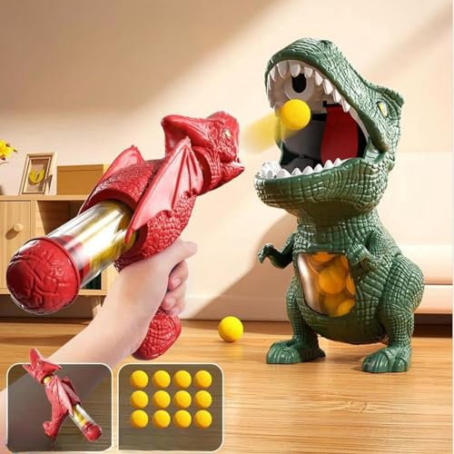 Dinosaur Shooting Toy for Boys Girls, Movable Target Shooting Game with Air Pump Launcher, 12 Foam Balls, Enhancing Hand-Eye Coordination Toys Gift (A)