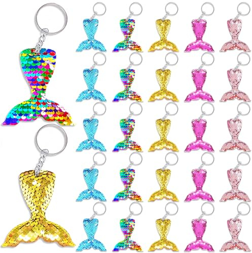 CiciBear 25 Pack Mermaid Tail Sequin Keychains for Ocean Themed Party Favors, Kids and Adults Birthday Gift, Baby Shower,Mermaid Party, 5 Colors