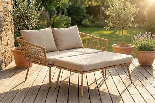 Gartenbank Outdoor Lounge - Polyrattan Gartenmöbel Set & Gartensofa Maike | Wetterfeste Sonneninsel aus Metall & Geflecht, 2-in-1 Bank und Garten Liege, inklusive Kissen, Beige, fertig montiert