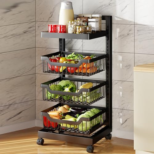 YHANEC Küchenwagen mit 4 Ebenen, Obst- und Gemüseregal mit Rädern, Küchenrollwagen, Servierwagen, Geeignet für Küche, Bad, Wohnzimmer, Büro, 93 x 41.5 x 30, Schwarz