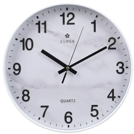 Warmiehomy Marmor Wanduhr, Moderne Wanduhr ohne Tickgeräusche, 30cm Große Wanduhren Lautlose Kinderzimmer Lernuhr für Büro, Wohnzimmer, Küche, Schlafzimmer Weiß
