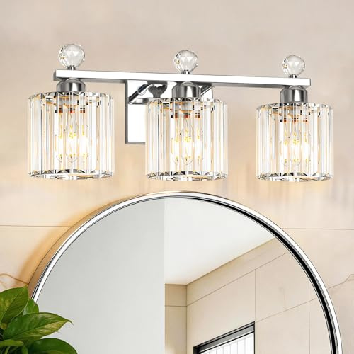 Lxybcce Modern Crystal Bathroom Vanity Light, 3-Lights Bathroom Light Fixtures, 19.34In Chrome Vanity Light Fixtures Over Mirror, Easy Installation & Dimmable Lighting