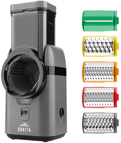 ETA Gratta Electric Vegetable Slicer, 70 W DC Motor, 5 Interchangeable Grater Attachments, Grating and Slicing, Fine, Medium, Coarse, Chopping, Slicing, 2 in 1 Pestle, Black/Grey