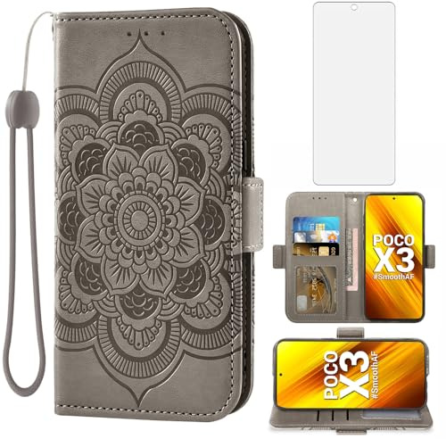 Asuwish Funda para Xiaomi Poco X3/X 3 Pro/PocoX3 NFC con Cristal Templado Protector Pantalla Vidrio Pelicula Protectora Libro Cuero Piel Tarjetero Soporte Mi 3X 5G Tapa Carcasa Móvil Capa Case Gris