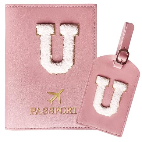 ZVRSUA Reisepasshülle Rosa und Kofferanhänger Set mit Buchstabe U, Passport Hülle Reise Gadgets und Travel Essentials Hülle Reisepass,Geschenk für Frauen, Teenager, Mädchen,Kind(U)
