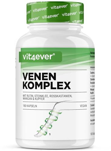 vit4ever Venen Komplex - 180 Kapseln - 3 Monatsvorrat - Hochdosiert mit Rutin, Steinklee, Rosskastanienextrakt, Mangan, Kupfer - Premium Extrakte - Vegan