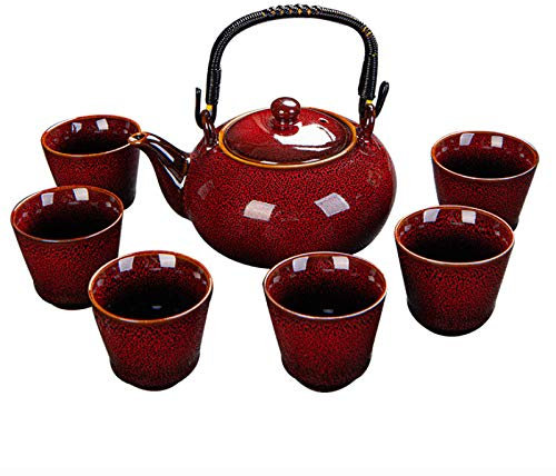 Juego de té de cerámica, juego de té de cerámica esmaltada roja con asa, tetera y tazas de té chinas tradicionales for amantes del té