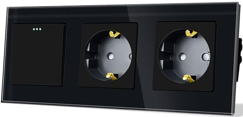 TAWOIA Lichtschalter mit Steckdose 1 Fach 1 Weg mit 2 Fach Steckdosen Glas Platte Unterputz Taste Schalter mit Schuko Steckdose 86 * 228mm Schwarz Wechselschalter