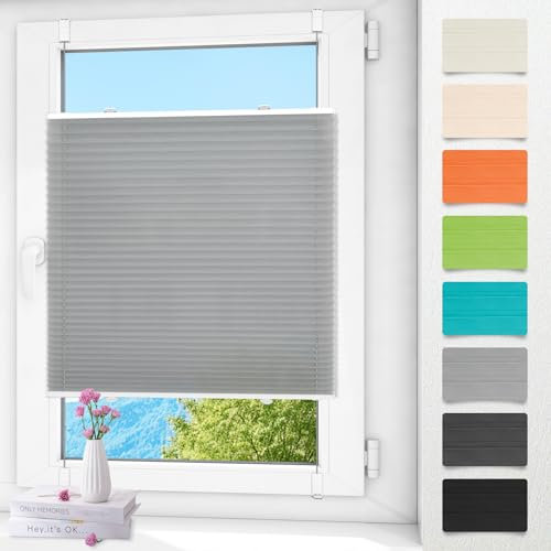 Plissee ohne Bohren klemmfix Grau 85x200cm Plisseerollo mit Klemmträger Blickdicht easyfix Jalousie Rollo für Fenster und Tür