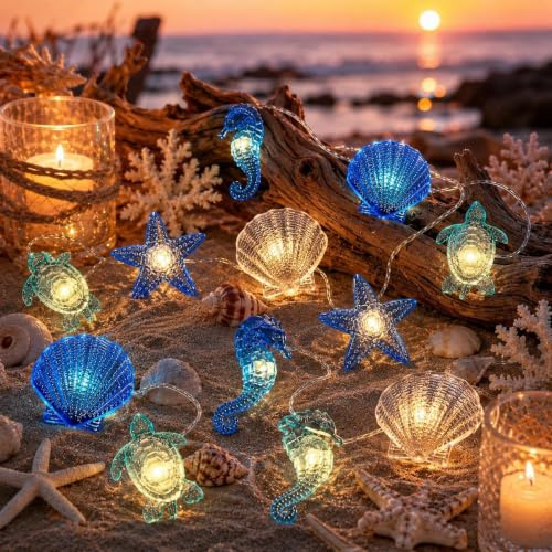 Sunshine smile Lichterkette Meerestiere,2M 20 LED Seepferdchen Seestern Wellhornschnecken Muschel Lichterkette,Maritime Lichterketten für Kinderzimmer Hochzeit Party Deko