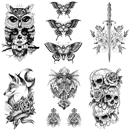 AIYONG 6 Blatt Groß Temporäres Tattoo, halber Arm Blume Totenkopf Fuchs Eule Schmetterling Gefälschte Tattoos, Herren Damen Wasserfest Klebetattoos Erwachsene für Erwachsene Schulter Hals