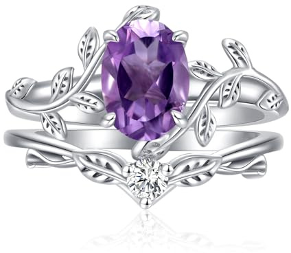 Oval Shaped Amethyst Engagement Ring Set for Women 925 Sterling Silver Amethyst Vine Leaf Rings Unique Bridal Gifts Size 6-9