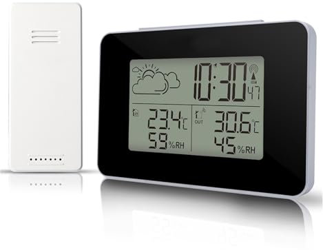 SdaryWare Reloj Despertador con estación meteorológica, Sensor inalámbrico Digital electrónico, Reloj de Mesa con repetición, termómetro DCF, higrómetro, Herramienta(Black)