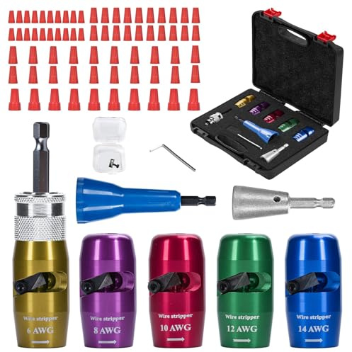 Wire Stripper Twister for Drill, 2025 Upgraded Wire Stripping Tool & Wire Twisting Connector for Cutters 6-14 AWG, 8 In 1 Professional Electrician Twister Stripping Tool with 70PCS Nuts