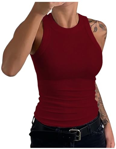 Top Damen Sommer Sexy U-Ausschnitt Basic Spaghetti Tops Tanktop Gerippt Slim Fit Einfarbig Ärmellose Oberteile