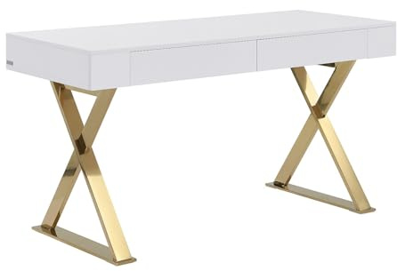 PASCAL MORABITO - Bureau avec 2 tiroirs - MDF laqué et métal - Blanc et doré - PLEISA II de