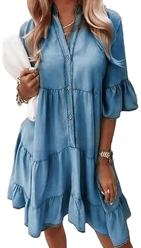 XUANXUANQZ Robe en Jean Alltoright, Robe D'été À Volants Et Col en V, Aspect Denim Léger, Coton Lavé, Manches Mi-Longues (Bleu Denim,4TG)