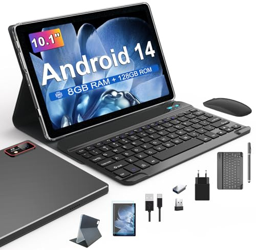 ANTEMPER 2026 Neueste Tablet 10 Zoll Android 14 mit 128GB ROM + 1TB TF, Octa-Core 2.0GHz, 5G/2.4G WLAN, GMS, BT 5.0, 7000mAh, 13+8MP, Tablet mit Tastatur und Maus, Stylus, Schwarz