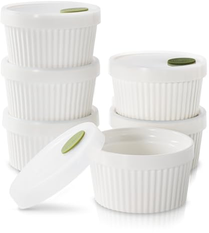 DOWAN Ramekins with lids 8 oz, Creme Brulee Ramiken Oven Safe, Ceramic Baking Bowls Souffle Dishes, Custard Cups Charcuterie Boards Bowls Dipping Sauces, Set of 6, White
