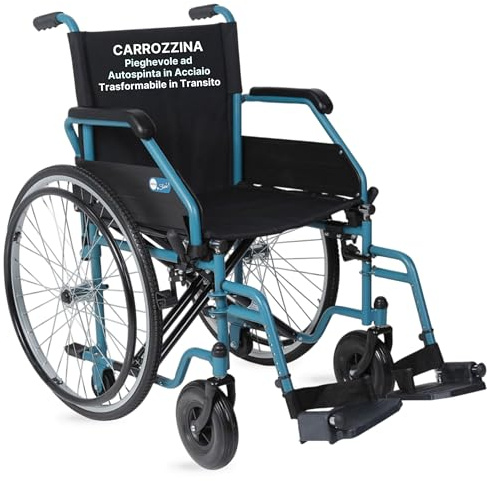 REMEDIA ONE - Sedia a Rotelle Pieghevole Leggera ad Autospinta, Carrozzina per Disabili in Acciaio Trasformabile in Transito - Seduta 43 cm, Azzurra