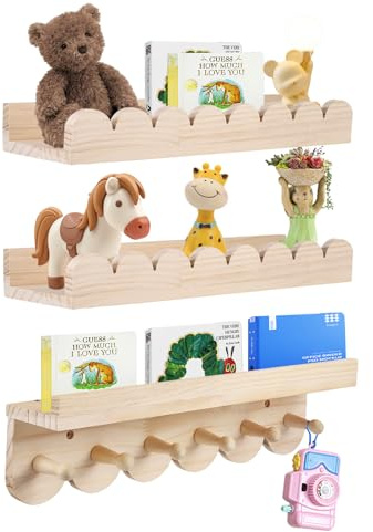 Strixorn Juego de 3 estantes de Pared de Madera Maciza para niños - Estantería con 6 Ganchos para Libros y Juguetes - Estantería Montessori de 40 cm - Estantería Flotante con Curvas