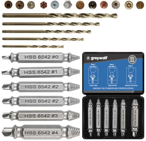 Greywolf Lot de 11 extracteurs de vis endommagées, HSS6542, dureté 63-65HRC, extracteur de vis et 5 forets HSS, kit d'extracteur de boulons pour vis endommagées, cassées et dénudées