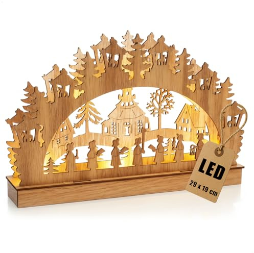 com-four® LED Schwibbogen aus Holz - 29 x 19 cm - dekorativer Lichterbogen mit Winterdorf-Motiv - Weihnachtsdeko für Fensterbank & Tisch (1 Stück - Dorf)