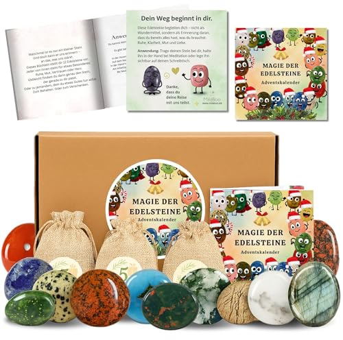 MilaBoo® Edelstein Adventskalender – 24 Glückssteine im Jutesäckchen mit Broschüre & Zahlenstickern – Geschenk für Erwachsene & Familie (Magie der Edelsteine)