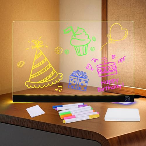 LED Notiztafel mit Farben Leuchtendes Led Zeichenbrett Leuchttafel Malen Transparent Writing Board mit Stand Clear Acrylic Drawing Board 7 Highlighters With Switch,Creative Geburtstag Gift (30x20cm)
