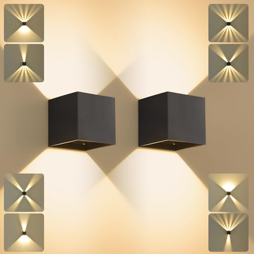 SANSHI 2 Stück LED Wandleuchte Innen/Aussen,12W AußenLampe,3000K,Schwarz | IP65 Wasserdichte Wandlampe,Aussenlampe Up Down Einstellbar Abstrahlwinkel,Modern Aussenleuchte,Garten Außenleuchte