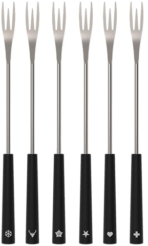 Kisag Lot de 2 fourchettes à fondue 2 en 1 pour 6 personnes, noires, en acier inoxydable (26,5 cm) pour fondue au fromage et à la viande, passent au lave-vaisselle, avec pictogrammes de poignée pour