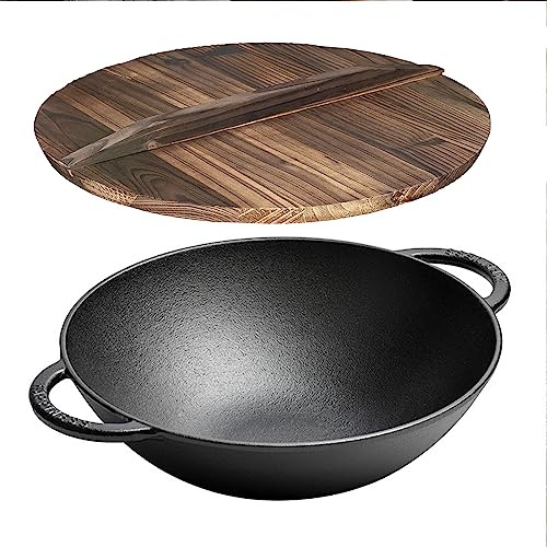 Wok in ghisa - Padella Rotonda Profonda con Coperchio in Legno e Doppi Manici per Cibo Tradizionale Cinese, Padella Wok a Fondo Piatto
