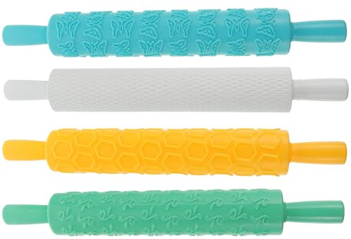 PAMINGONO Mattarello in Plastica Goffrata 4 Pezzi Disegni Decorativi, Rullo per Biscotti, Pizza e Dolci, Bastoncino Leggero per Stendere Impasti, Utensile Cucina per Uso Colore Casuale