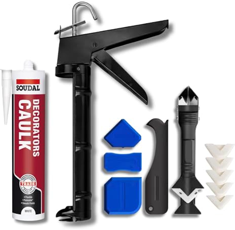 Decorators Caulk White Bundle: White Decorators Caulk Gap And Crack Filler Acrylic Silicone Adhesive Sealant 290ml, Dripless Smooth-Rod Caulking Gun (Controlled Release), Silicone Finishing Tool Set